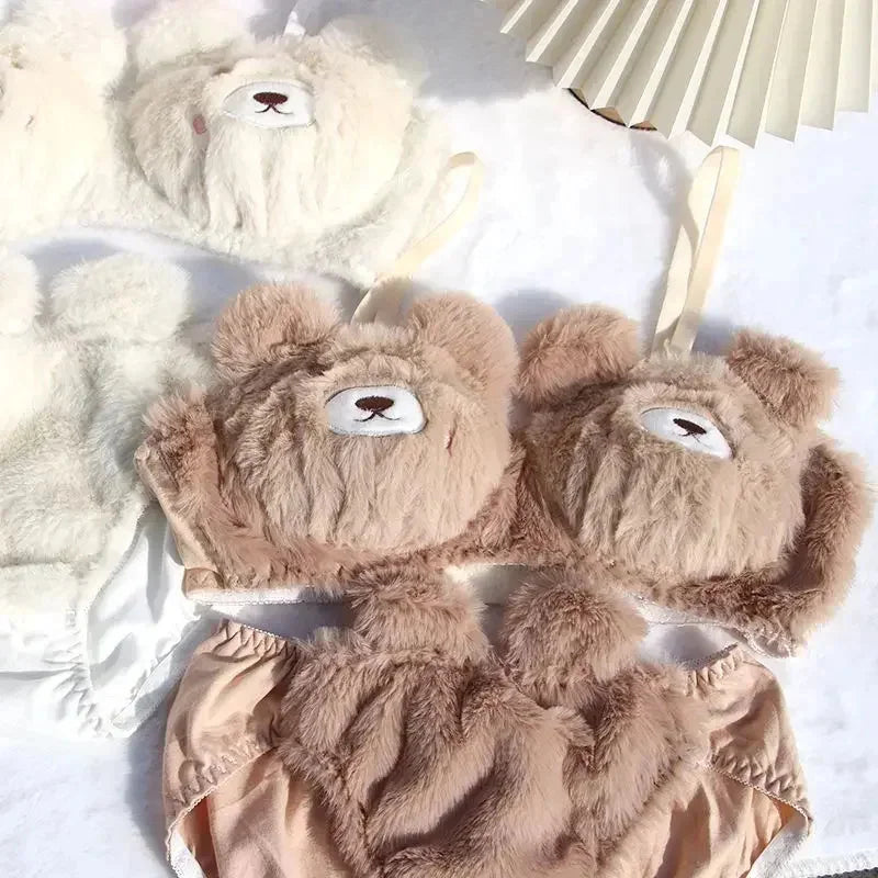 Bravellea Kawaii Bear Bra Set - Japanese Cute Plush Winter Lingerie