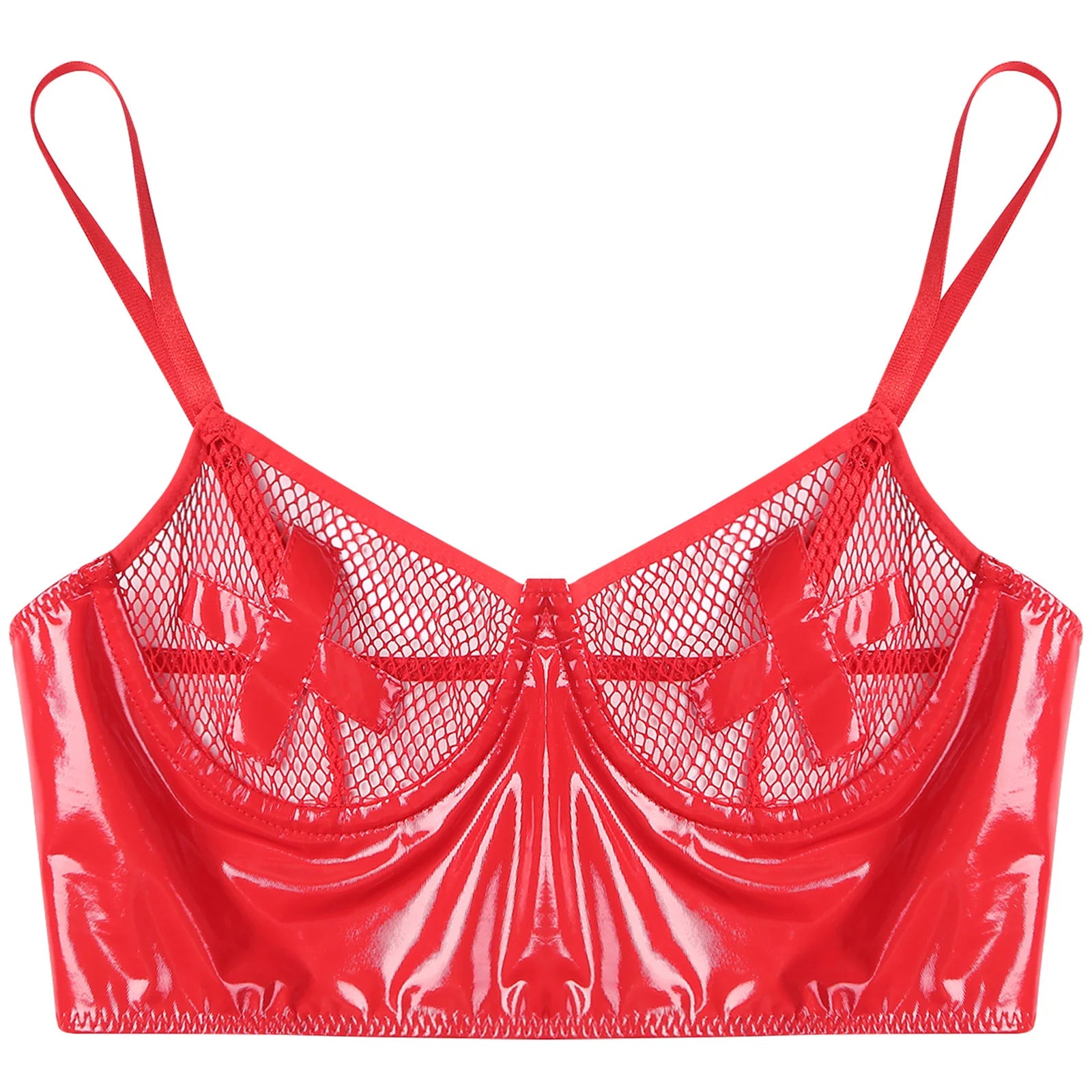 Bravellea Wet Look Leather Bustier - Sexy Push-Up Mesh Balconette Crop Top