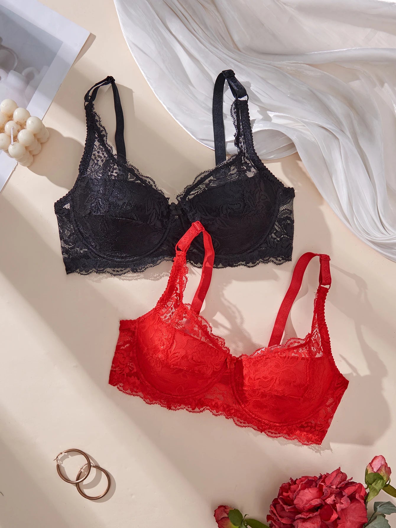 Bravellea 2-Piece Sexy Lace Bra Set - Thin Underwire Push-Up Adjustable