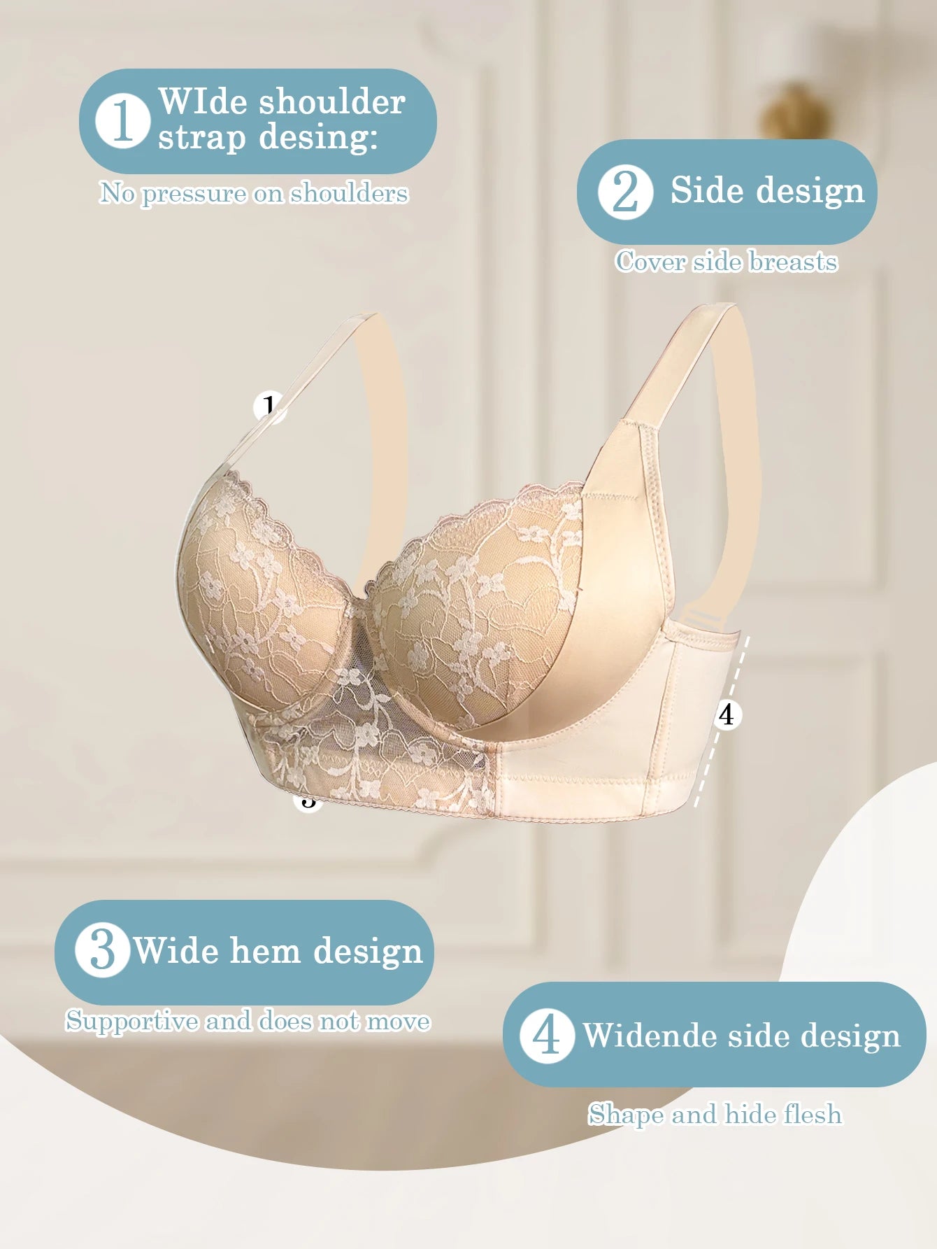 Bravellea Lace-Trimmed Shaping Bra - Side Support Minimizer A-D Cup