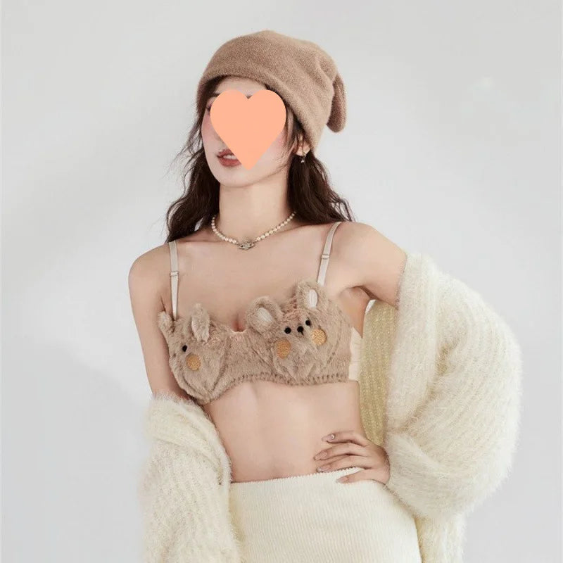 Bravellea Japanese Rabbit Bear Bra - Cute Plush Winter Wireless Push-Up