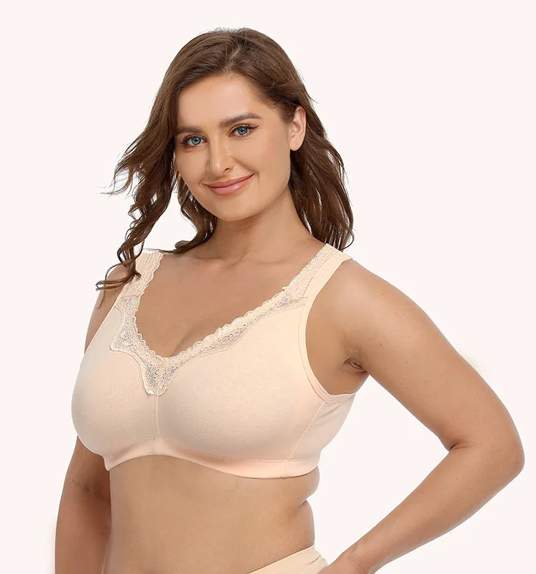 Bravellea Plus Size Cotton Full Cup Bra - Breathable Lace Trim B-F Cup