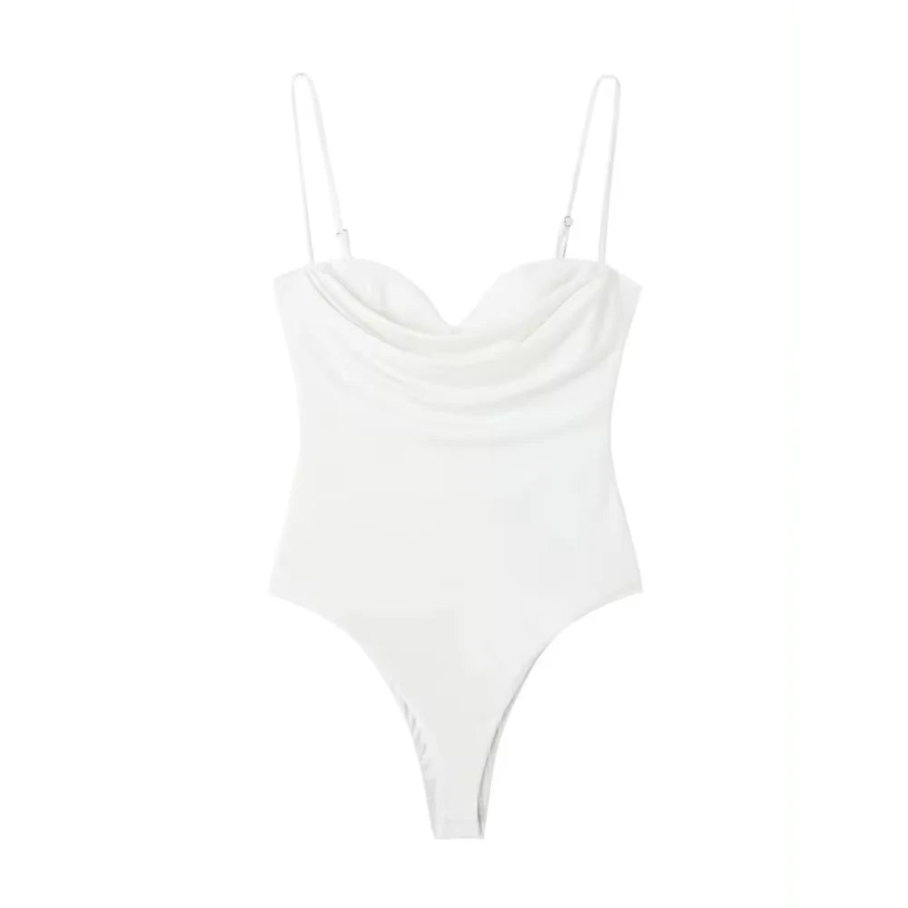 Bravellea Sweetheart Neck Draped Bodysuit - Backless Zipper Thin Straps