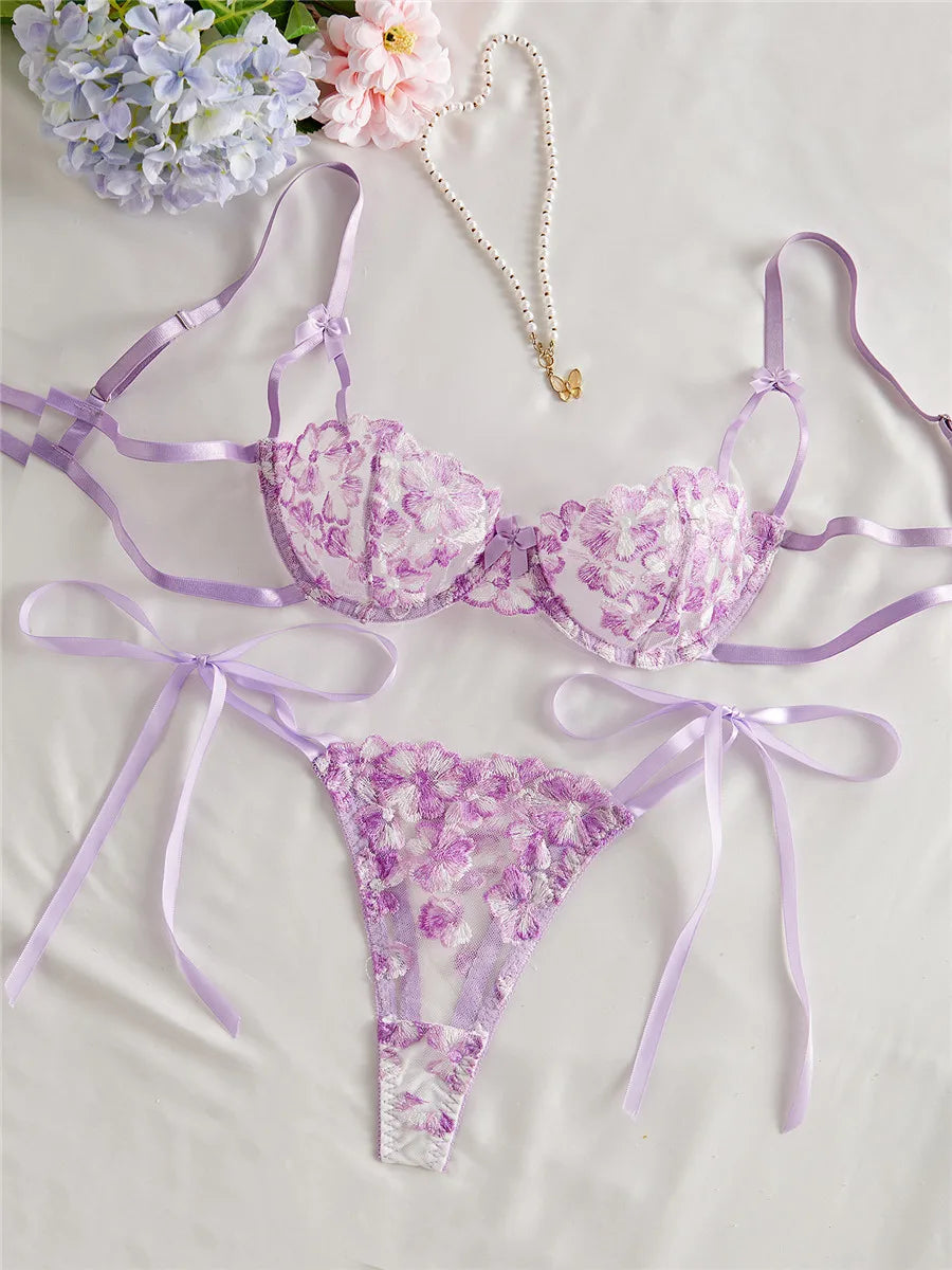 Bravellea Embroidery Bra & Brief Set - Blue Lace Sexy See-Through Lingerie