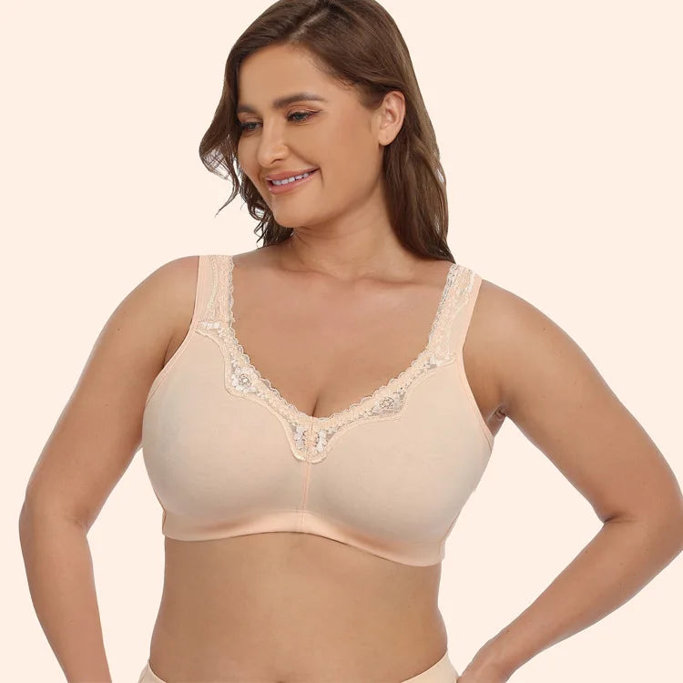 Bravellea Plus Size Cotton Full Cup Bra - Breathable Lace Trim B-F Cup