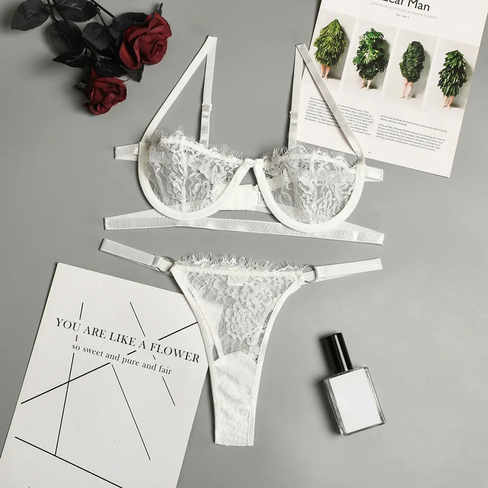 Bravellea Sexy Lace Lingerie Set - Transparent Embroidery Bra & Panty.