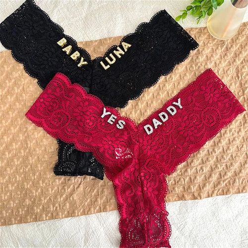 Bravellea Personalized Crystal Name Thong - Custom Text Lace G-String Gift.