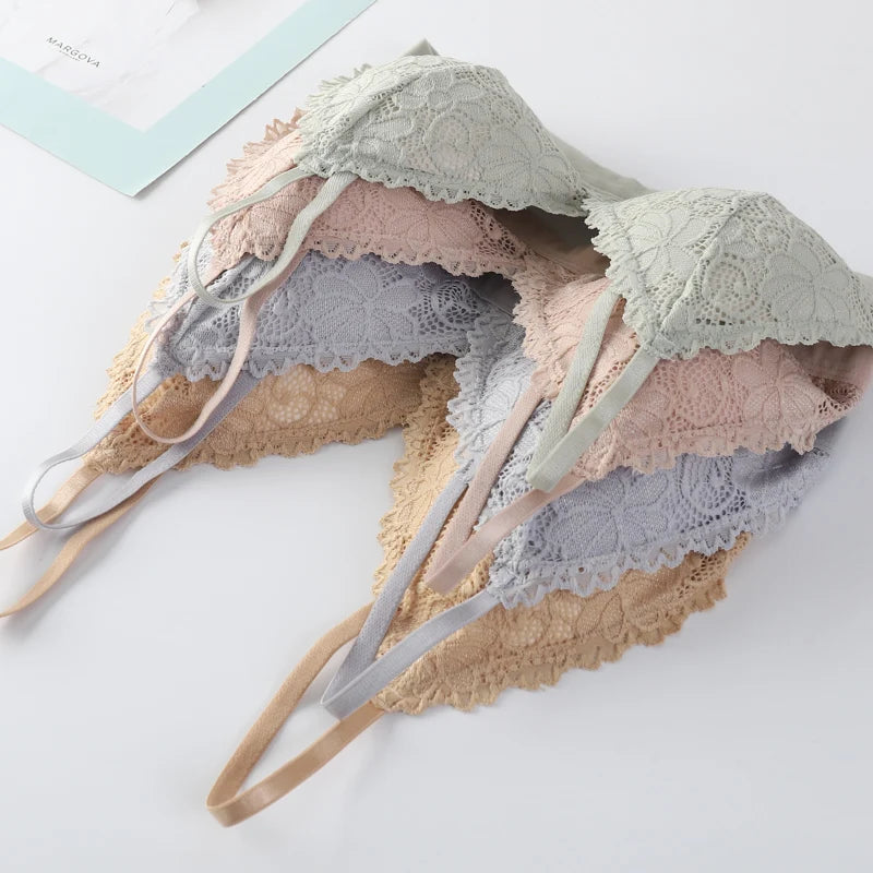 Bravellea Lace Bra & Panty Set - V-Neck Push-Up Sexy Low Waist Lingerie.