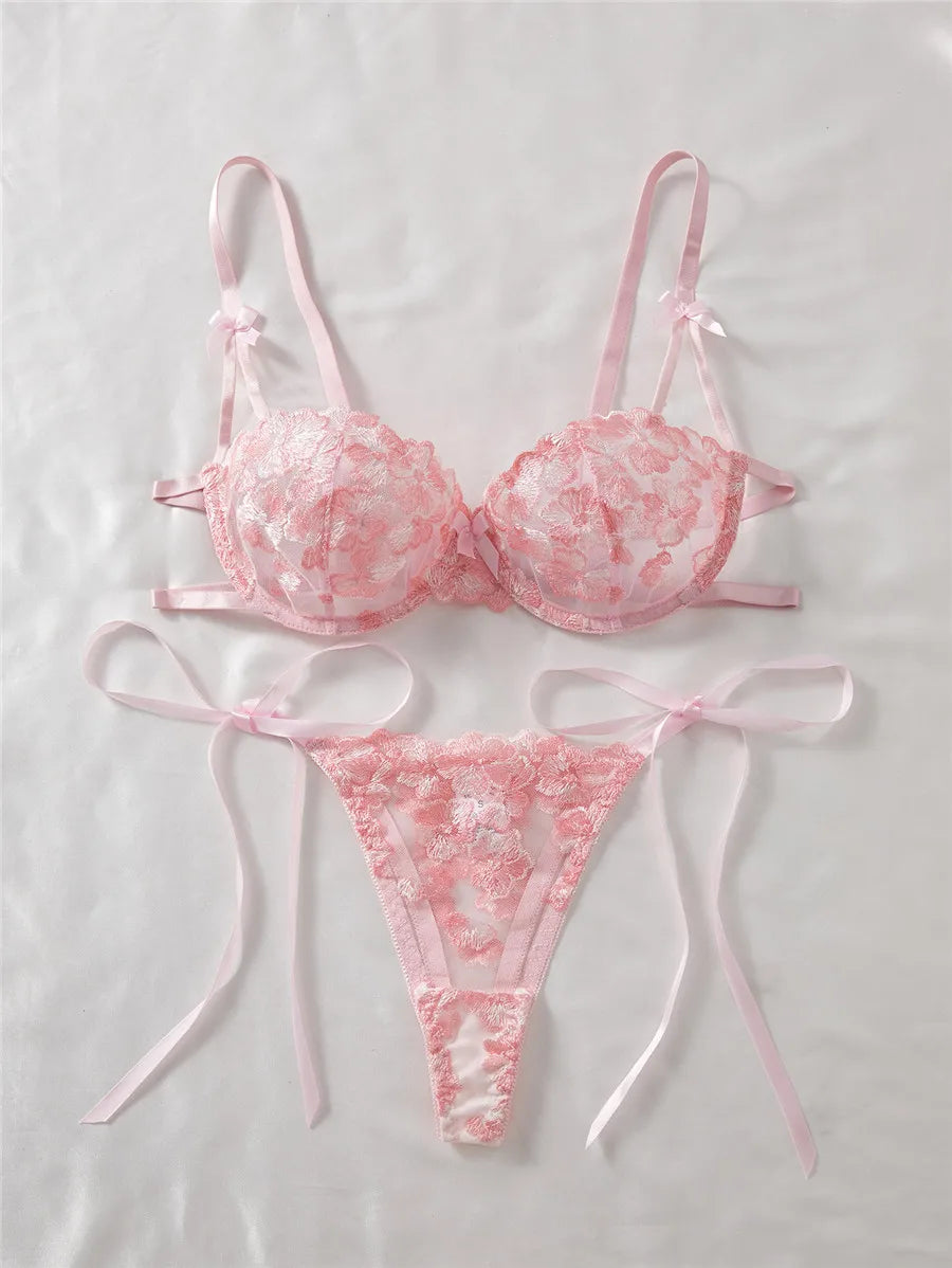 Bravellea Embroidery Bra & Brief Set - Blue Lace Sexy See-Through Lingerie.