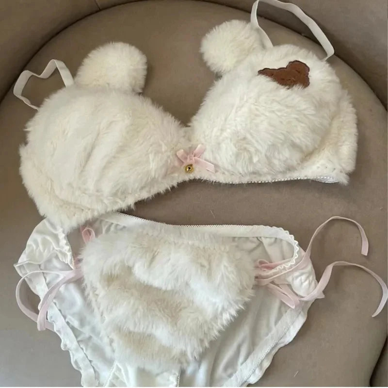 Bravellea Kawaii Bear Bra Set - Japanese Cute Plush Winter Lingerie