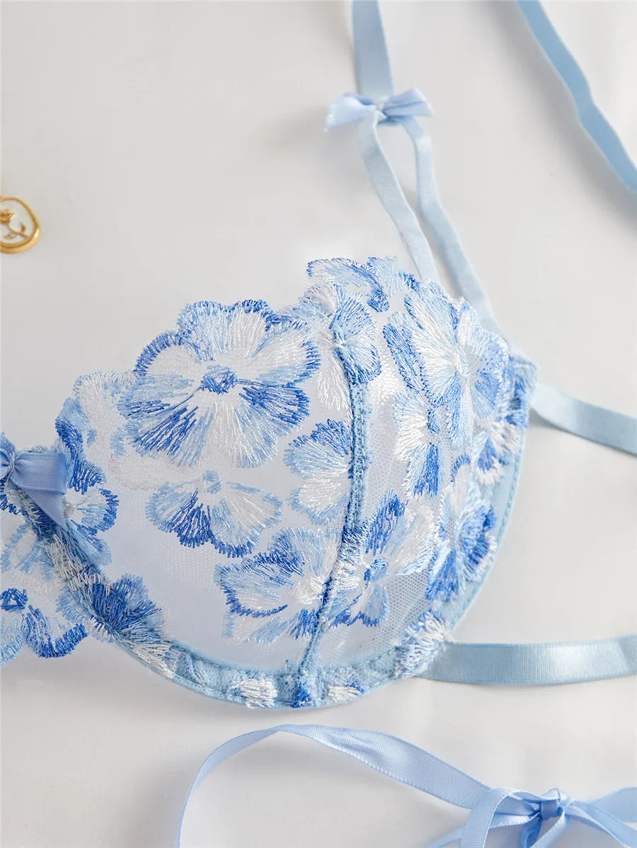 Bravellea Embroidery Bra & Brief Set - Blue Lace Sexy See-Through Lingerie.