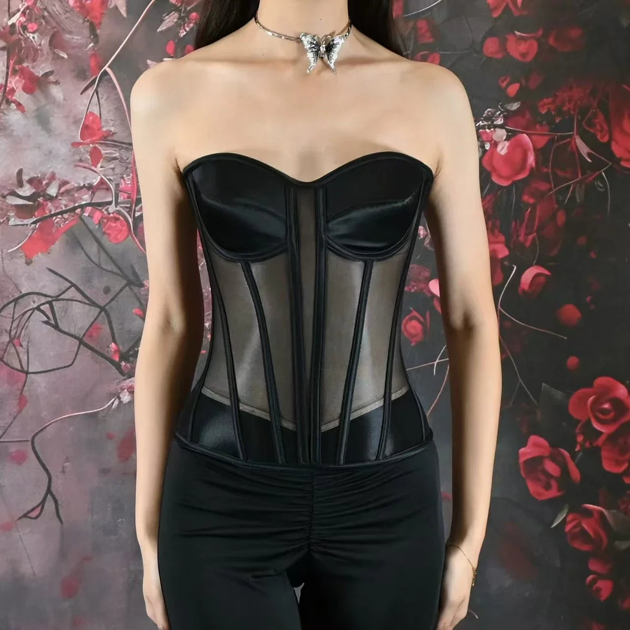 Women Corset Bustier With Bra Transparent Mesh Bodices For Wedding Body Shaper Slimm Waist Lace Up Boned Strapless Tube Tops.
