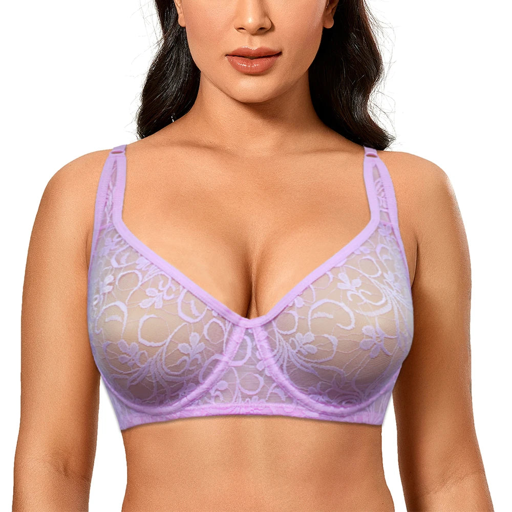Bravellea Plus Size Lace Mesh Bra - See-Through Embroidery Underwire A-DD