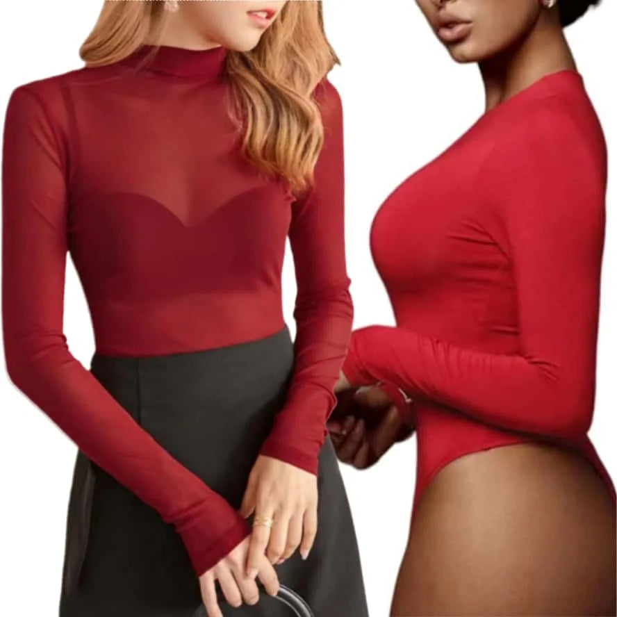 Bravellea Sheer Mesh Bodysuit - Long Sleeve Sexy Lingerie Plus Size