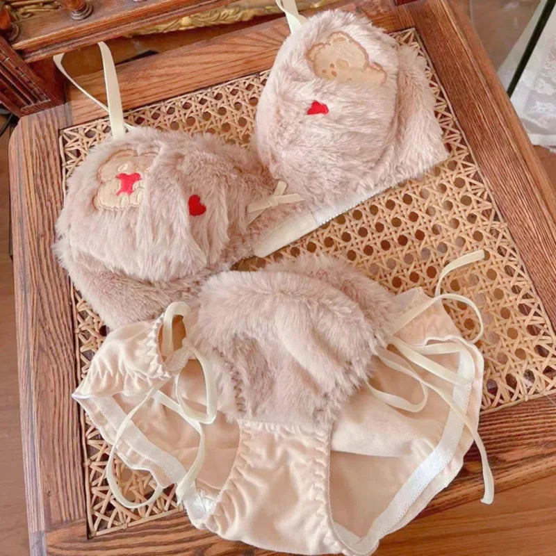 Bravellea Kawaii Bear Bra Set - Japanese Cute Plush Winter Lingerie