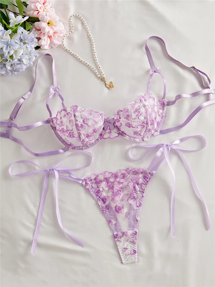 Bravellea Embroidery Bra & Brief Set - Blue Lace Sexy See-Through Lingerie.