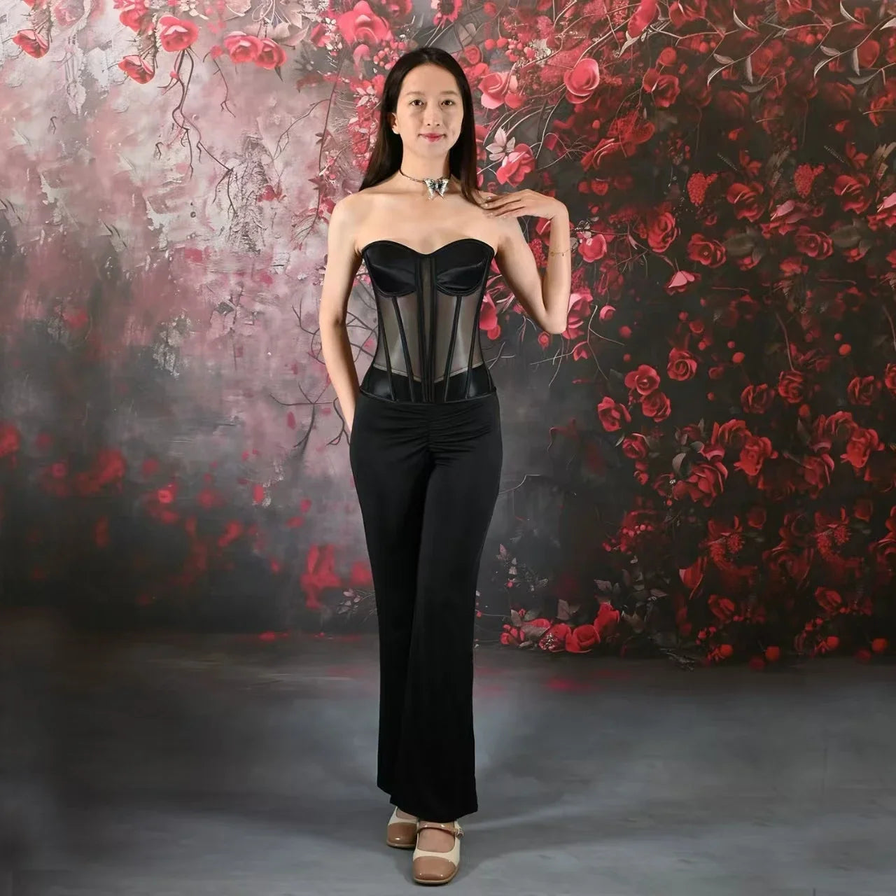 Women Corset Bustier With Bra Transparent Mesh Bodices For Wedding Body Shaper Slimm Waist Lace Up Boned Strapless Tube Tops.