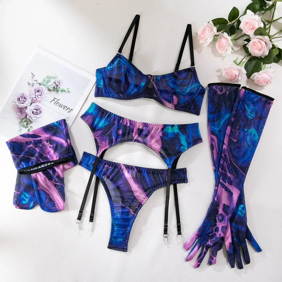 Bravellea Sexy Perspective Lingerie 5-Piece Set - Printed Bra, Gloves & Leg Set