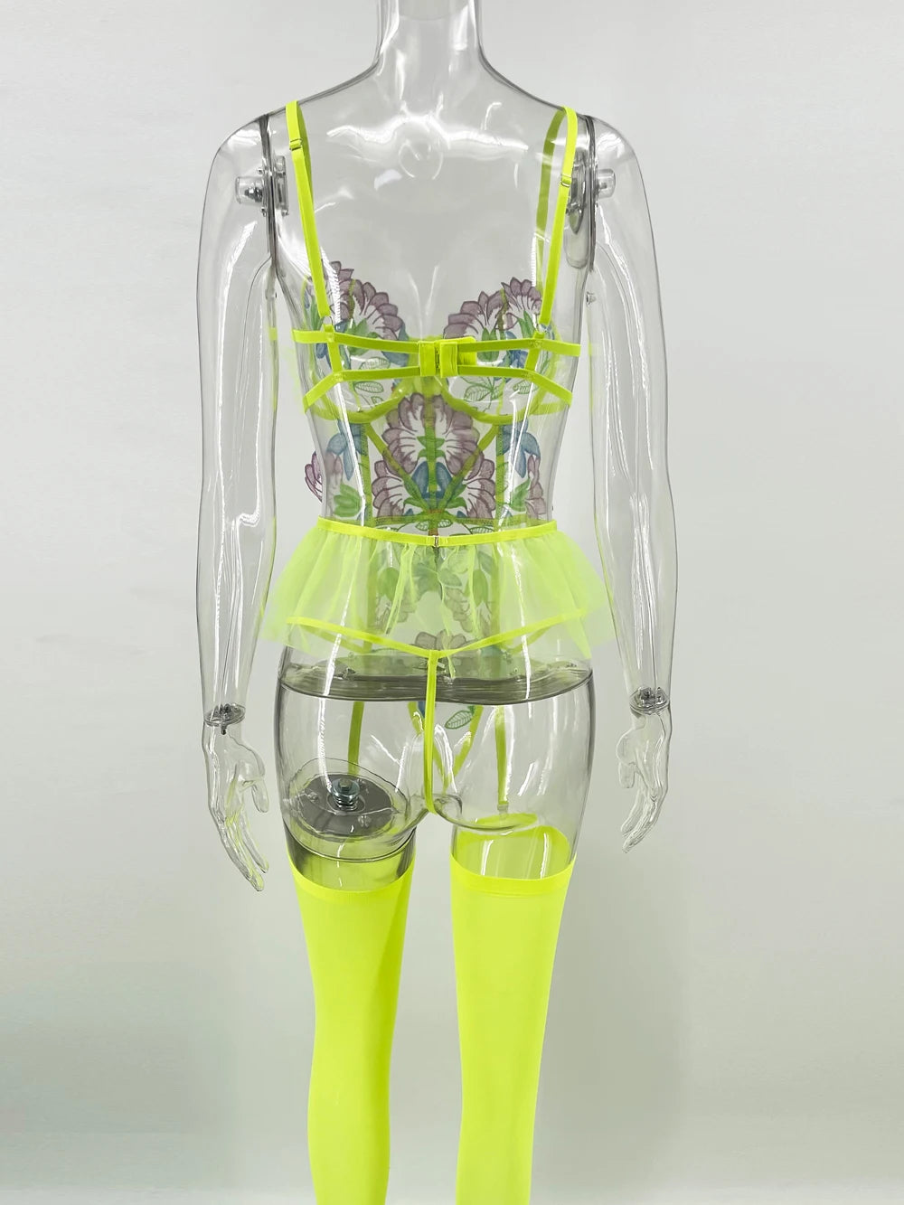 Bridal Nightwear Lingerie Set Fluorescent Green Corset Bra Lace Flower Embroidery Backless Sheer with Stockings.