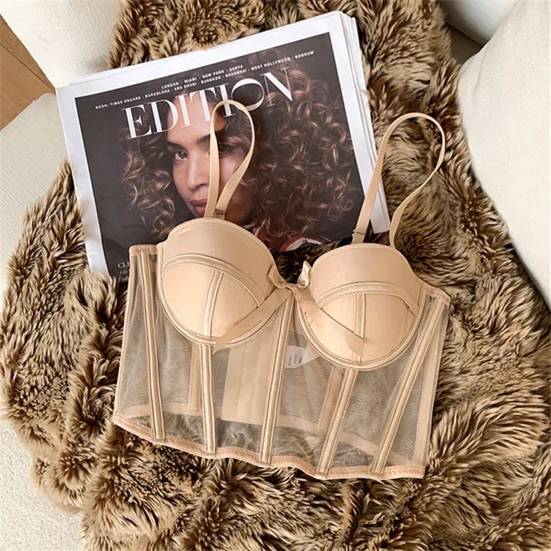 Bravellea Lace Mesh Bralette Set - Wireless Half Cup Push-Up with Bow Detail
