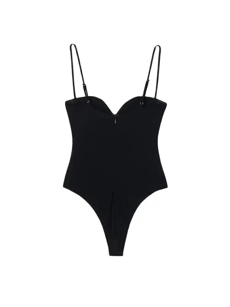 Bravellea Sweetheart Neck Draped Bodysuit - Backless Zipper Thin Straps