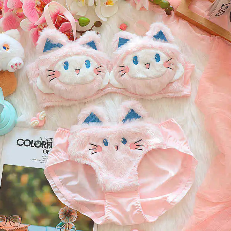 Bravellea Japanese Cute Girl Bra Set - Plush Wireless Autumn Winter Warm