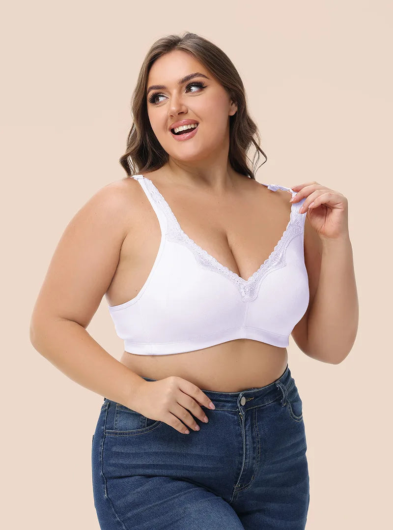 Bravellea Plus Size Cotton Full Cup Bra - Breathable Lace Trim B-F Cup
