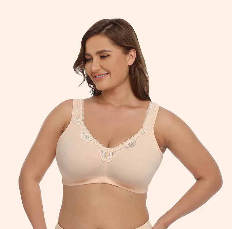 Bravellea Plus Size Cotton Full Cup Bra - Breathable Lace Trim B-F Cup