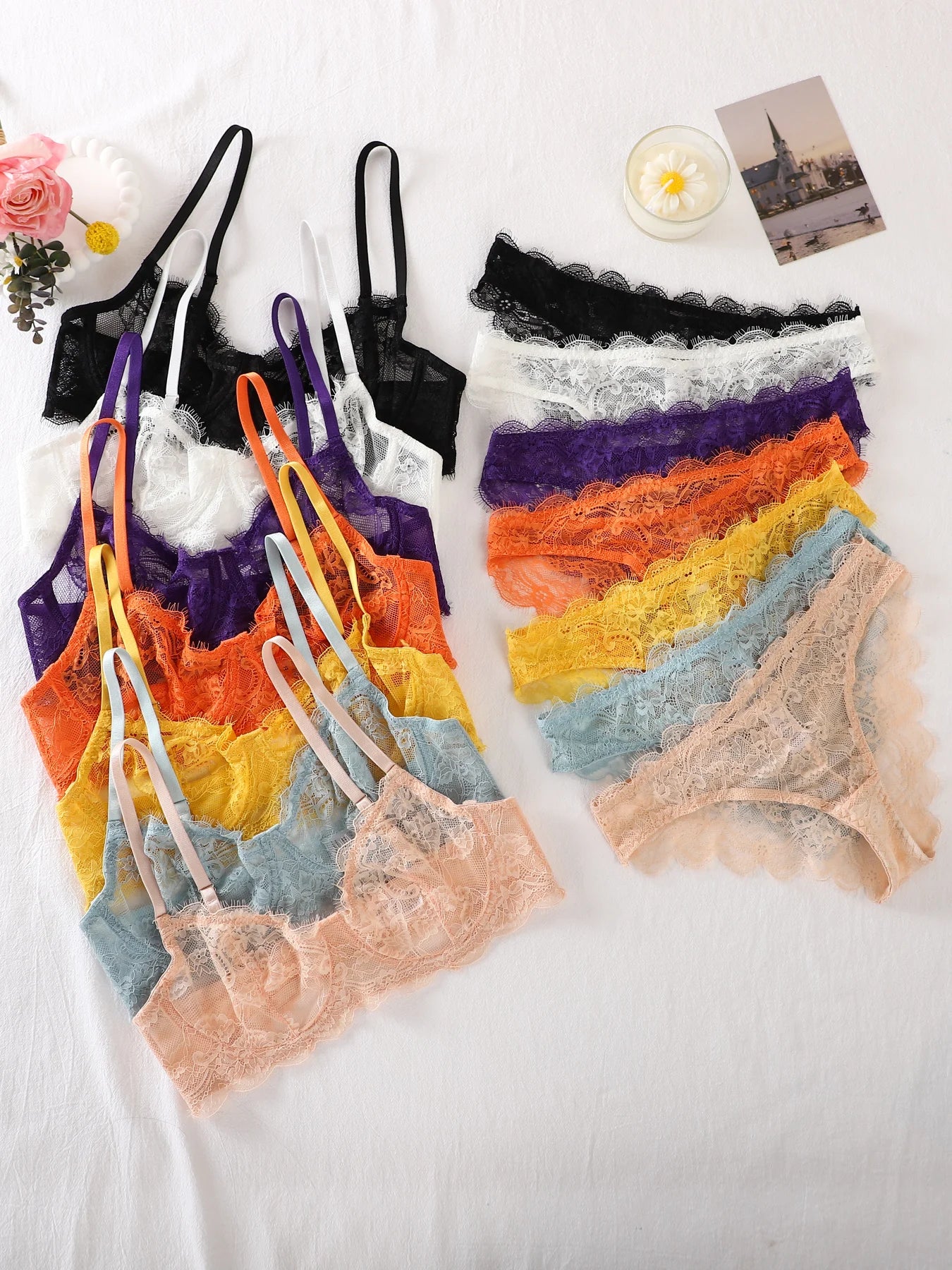 Bravellea See-Through Lace Intimates Set - Underwire Bra & Panty Multi-Color