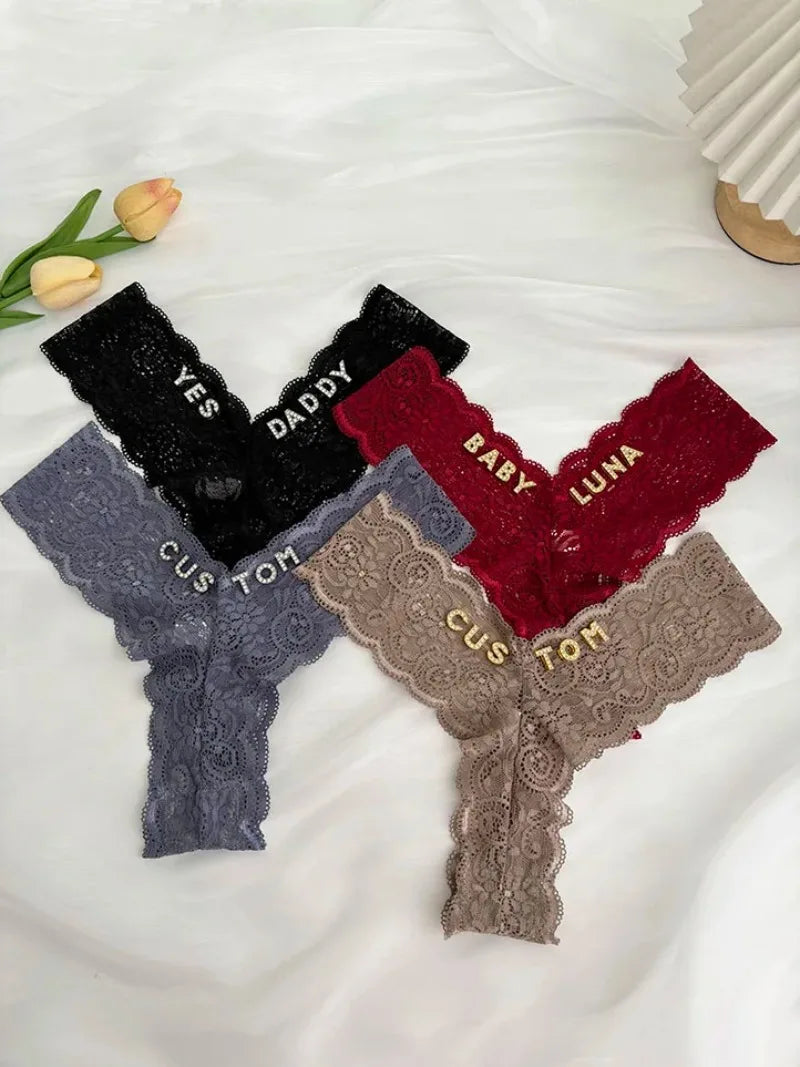 Bravellea Personalized Crystal Name Thong - Custom Text Lace G-String Gift.