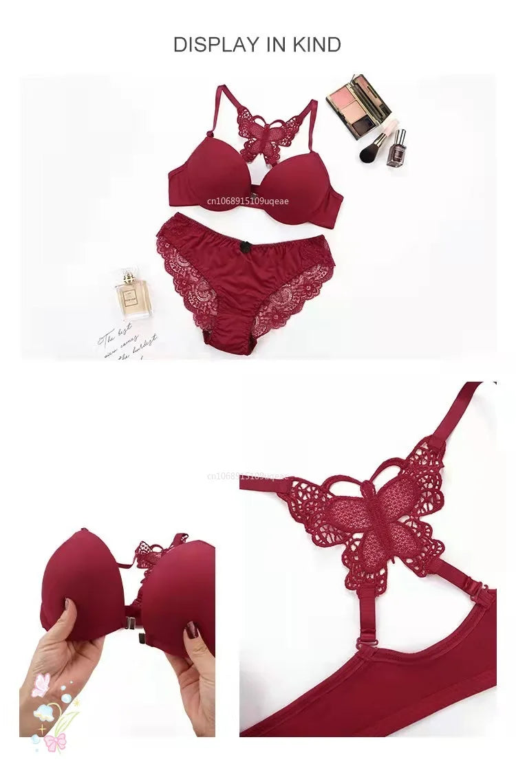 Bravellea Front Buckle Butterfly Bra Set - Detachable Straps See-Through Lingerie.