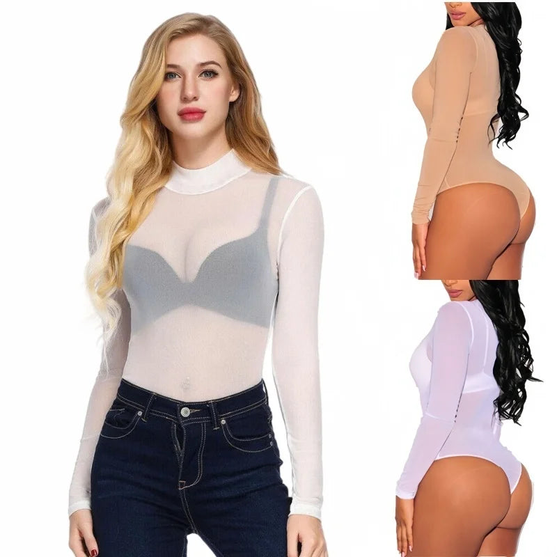 Bravellea Sheer Mesh Bodysuit - Long Sleeve Sexy Lingerie Plus Size