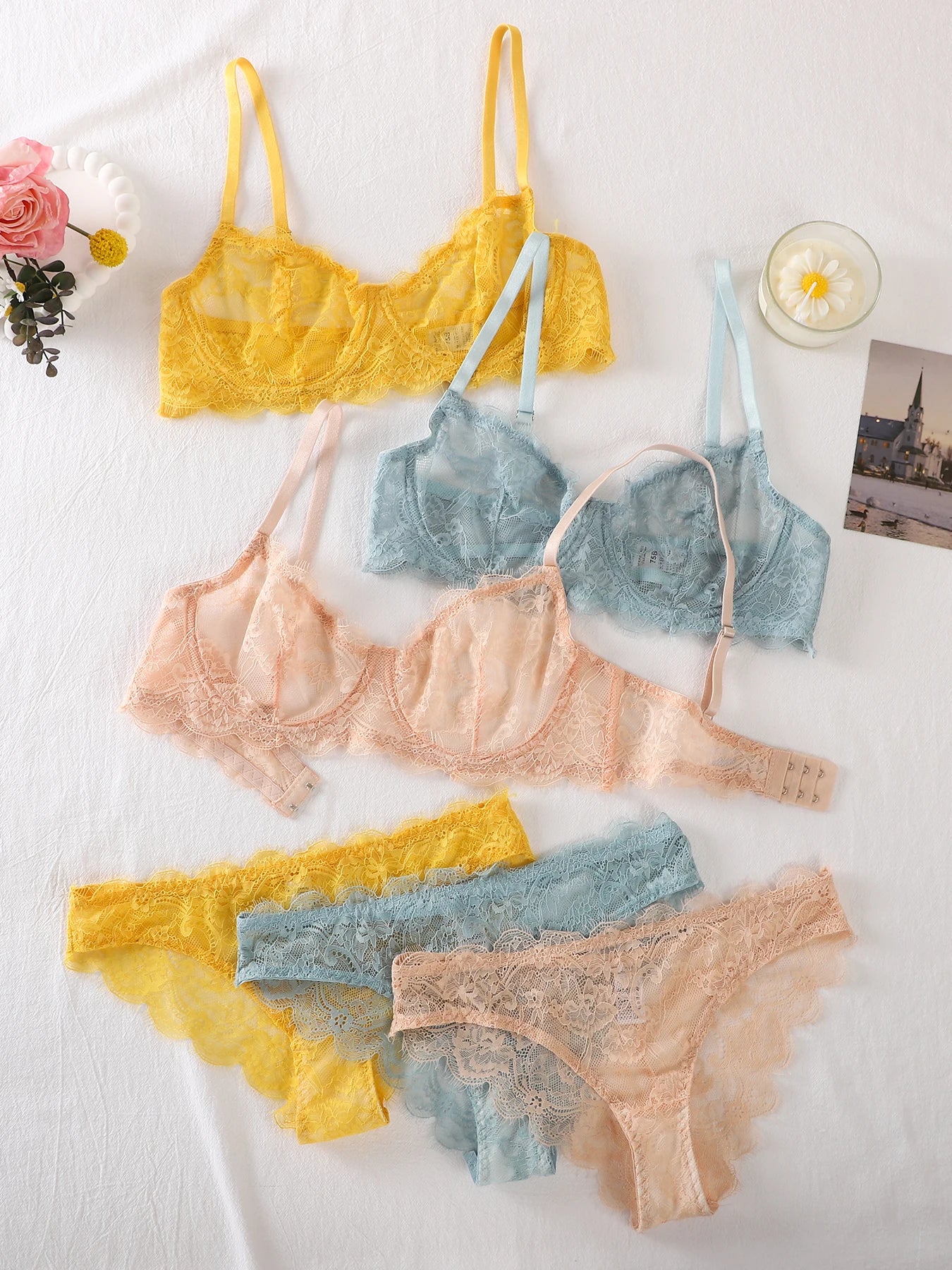 Bravellea See-Through Lace Intimates Set - Underwire Bra & Panty Multi-Color