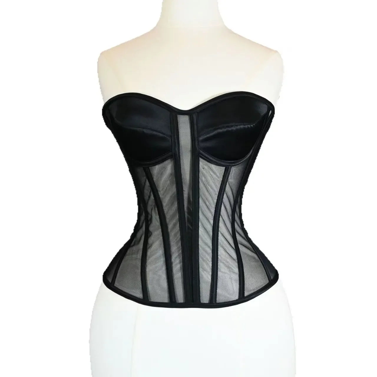 Women Corset Bustier With Bra Transparent Mesh Bodices For Wedding Body Shaper Slimm Waist Lace Up Boned Strapless Tube Tops.