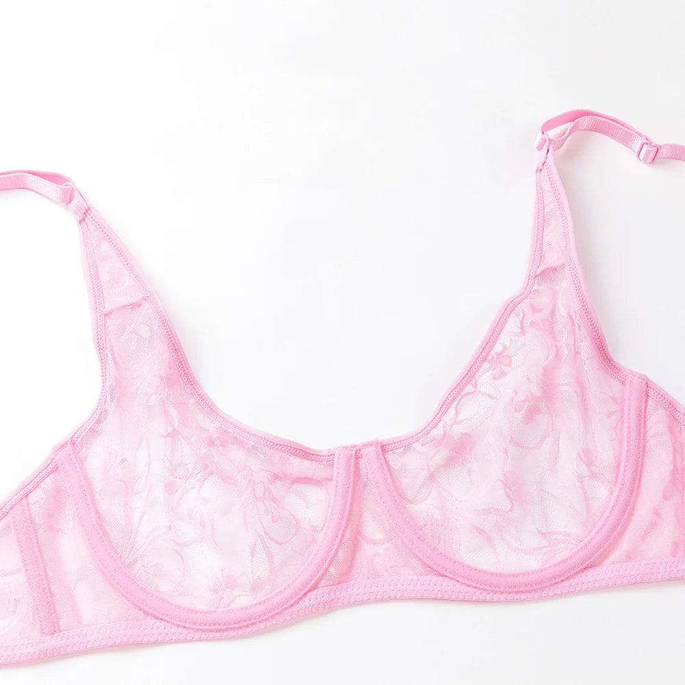 Bravellea Plus Size Lace Mesh Bra - See-Through Embroidery Underwire A-DD