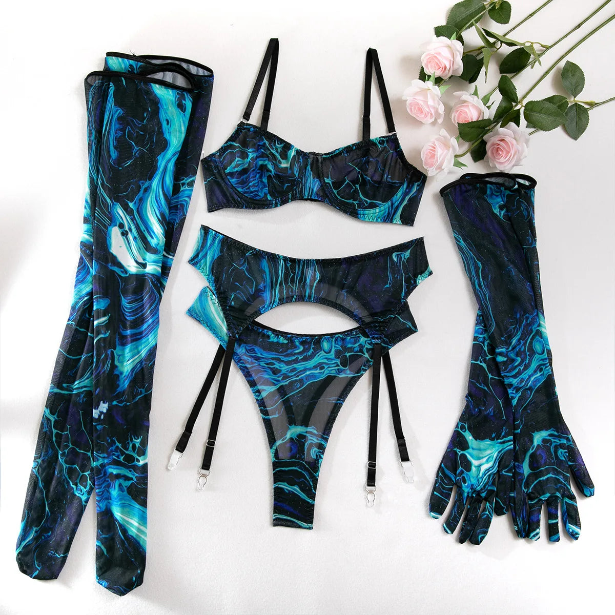 Bravellea Sexy Perspective Lingerie 5-Piece Set - Printed Bra, Gloves & Leg Set.
