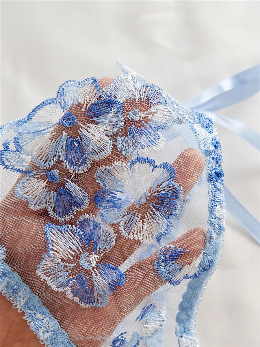 Bravellea Embroidery Bra & Brief Set - Blue Lace Sexy See-Through Lingerie.