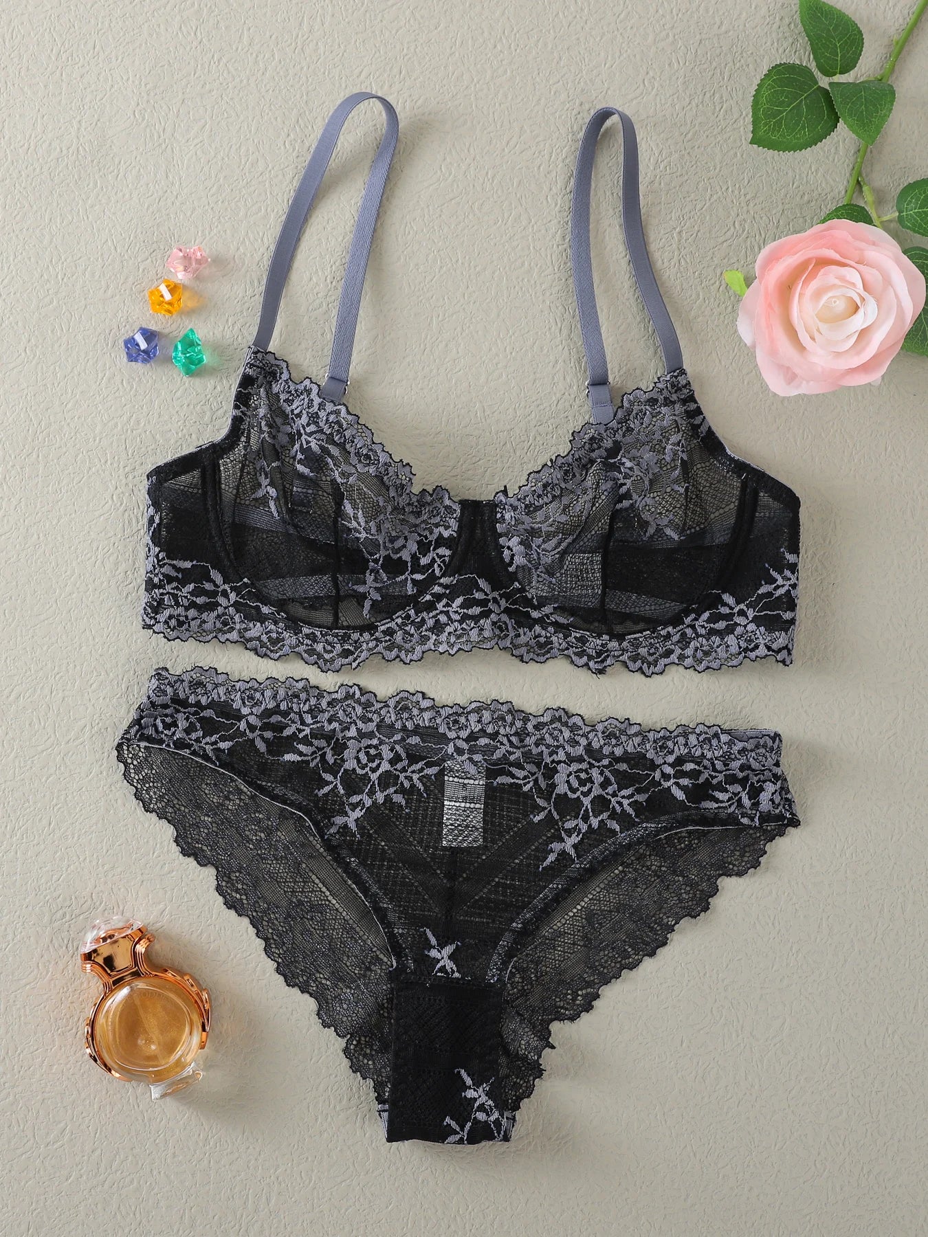 Bravellea See-Through Lace Lingerie Set - 2-Piece Underwire Bra & Panty