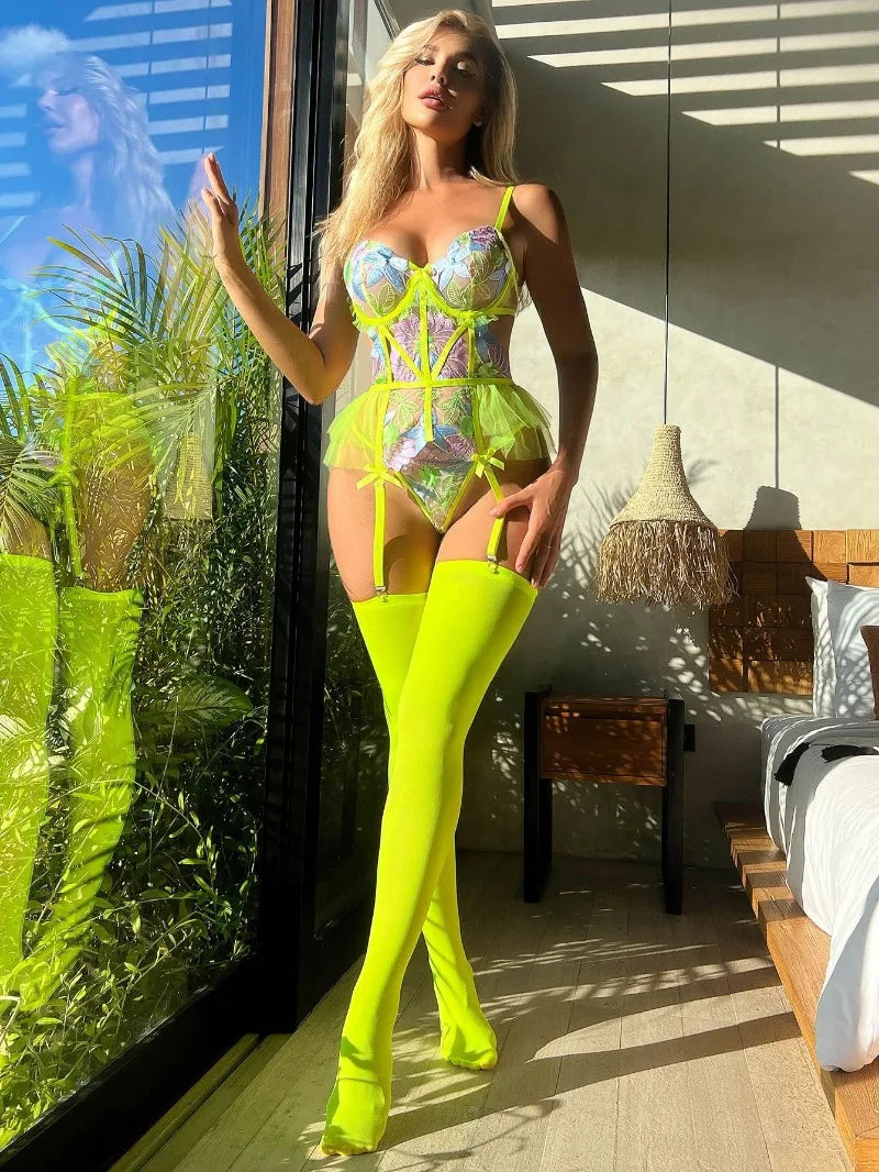 Bridal Nightwear Lingerie Set Fluorescent Green Corset Bra Lace Flower Embroidery Backless Sheer with Stockings.