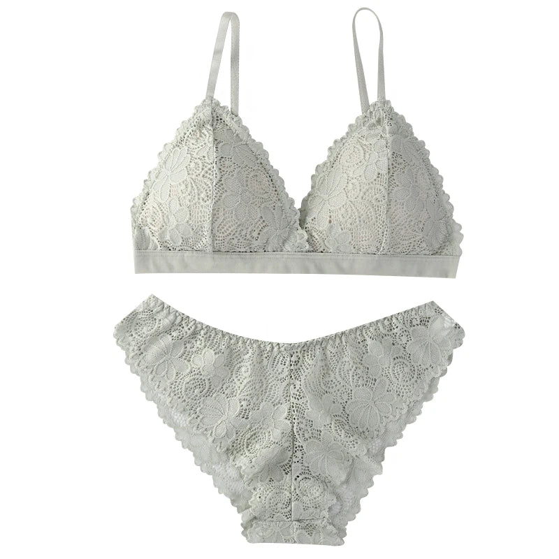 Bravellea Lace Bra & Panty Set - V-Neck Push-Up Sexy Low Waist Lingerie.