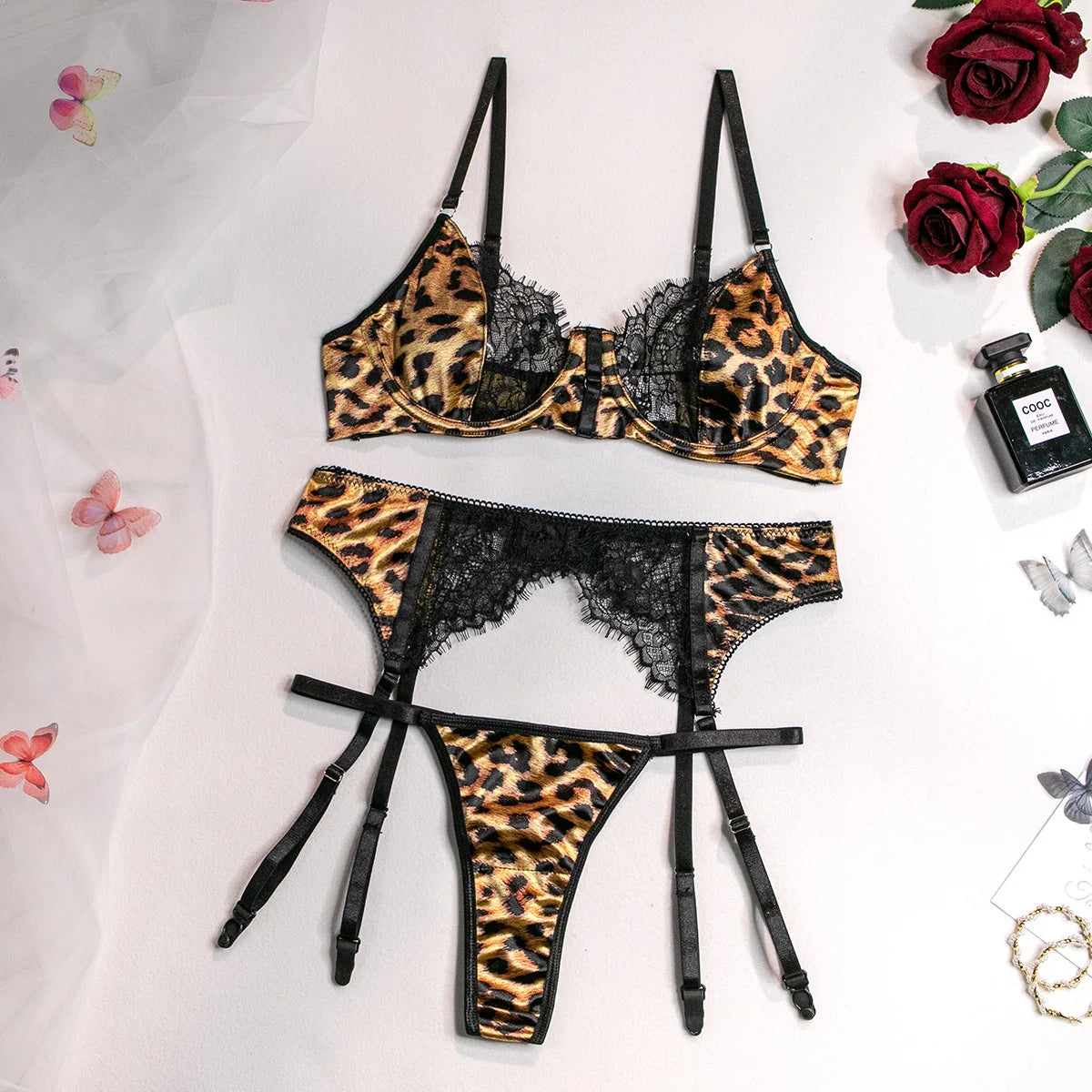 Bravellea Sexy Perspective Lingerie 5-Piece Set - Printed Bra, Gloves & Leg Set